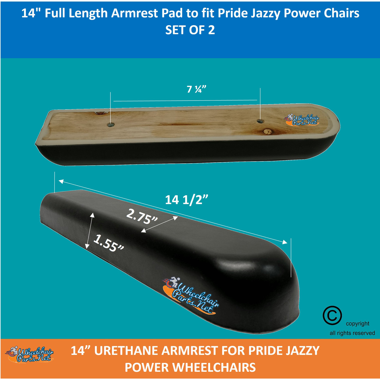 14" Full Length Armrest Pad to fit Pride Jazzy  Power Chairs. SOLD AS PAIR