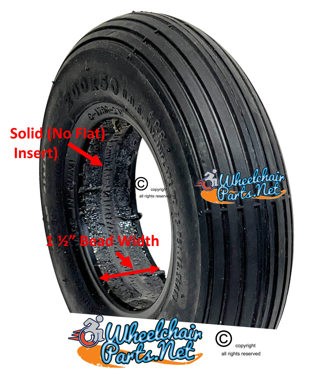 F020B- 8X2" (200X50) RIB BLACK COLOR, FOAM FILL TIRE - NON MARKING