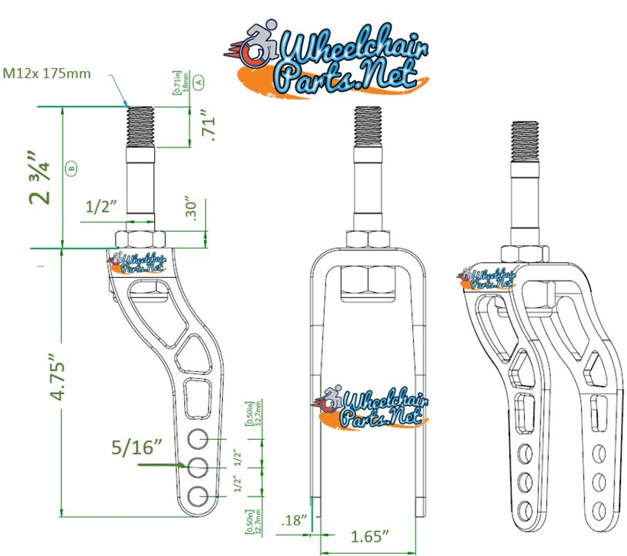 Universal 6" Aluminum Caster Fork. Fits 3", 4", 5" and 6" Wheels. Silver Color