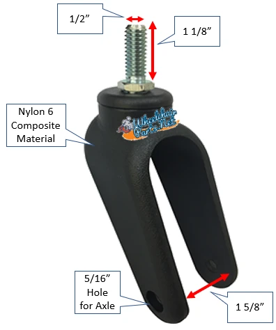 6" Composite (Nylon-Reinforced) Wheelchair Caster Fork with 1/2" Threaded Stem Bolt