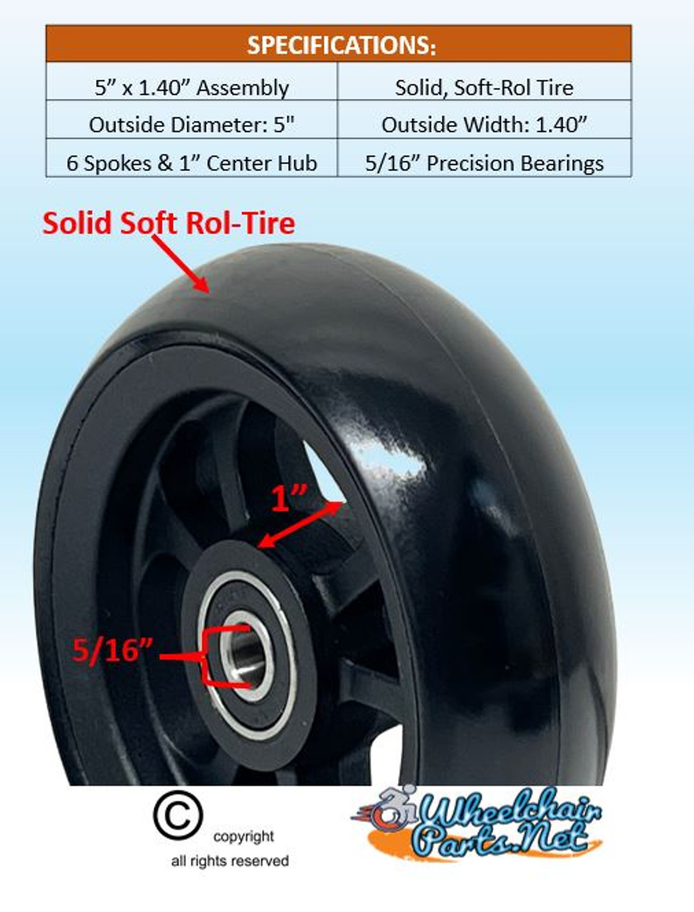 5" x 1.40" Caster Wheel With Composite (nylon) Rim and 5/16" Bearings