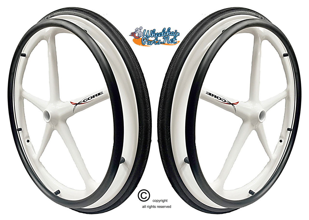 Set of 2 X-CORE Wheels 24" (540) WHITE Color & SHOX Tires and Pushrims