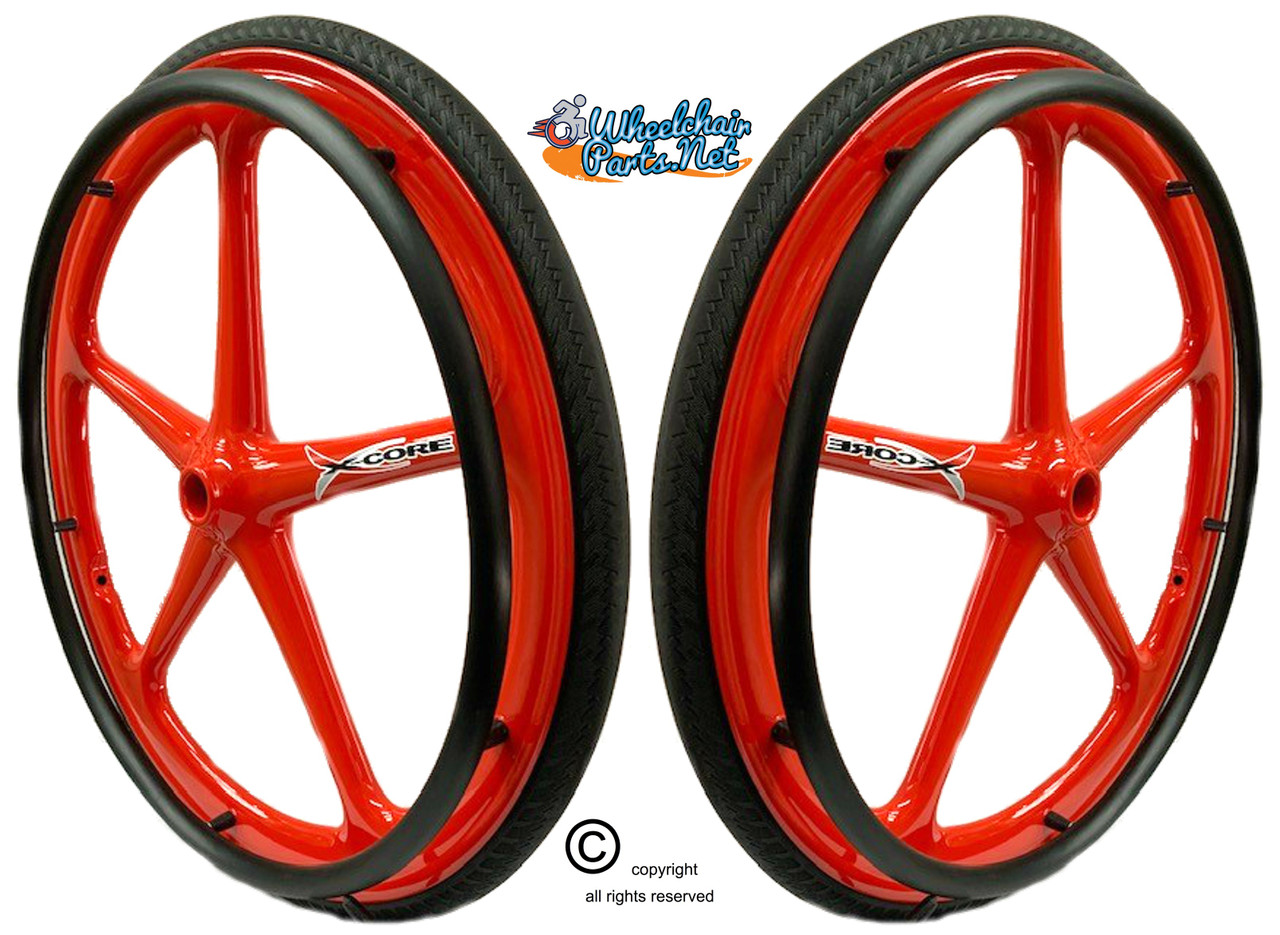 Set of 2 X-CORE Wheels in 24" (540) RED Color With PRIMO SENTINEL Tires & PushRims