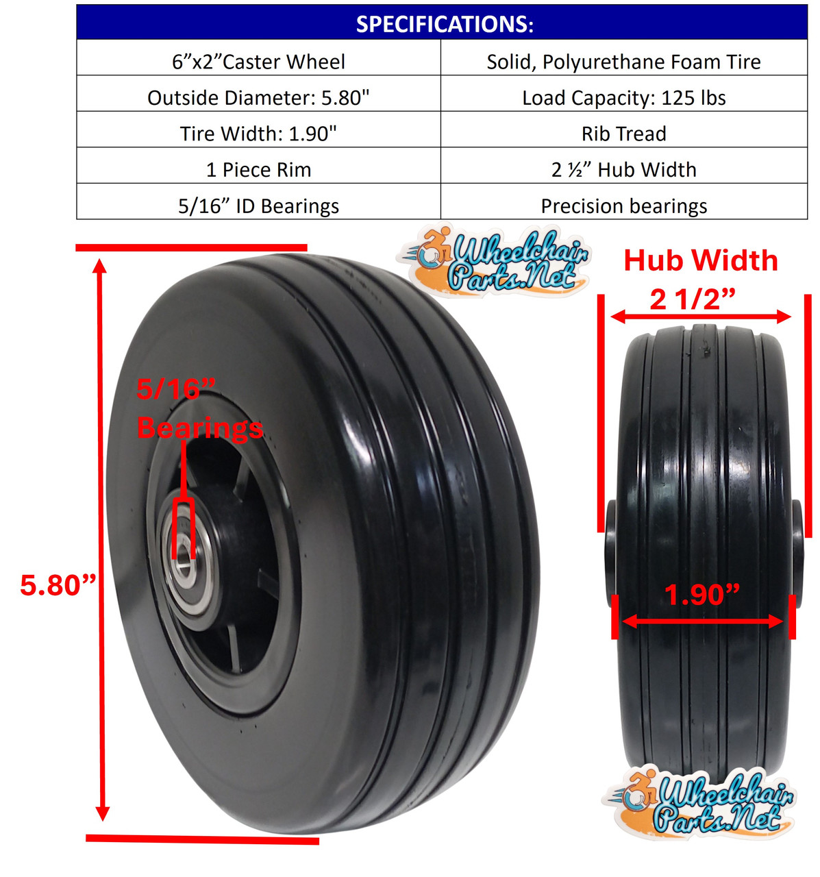 Pride 6"x2" Front and Rear Wheel  Assembly for the Jazzy 600 ES. SET OF TWO