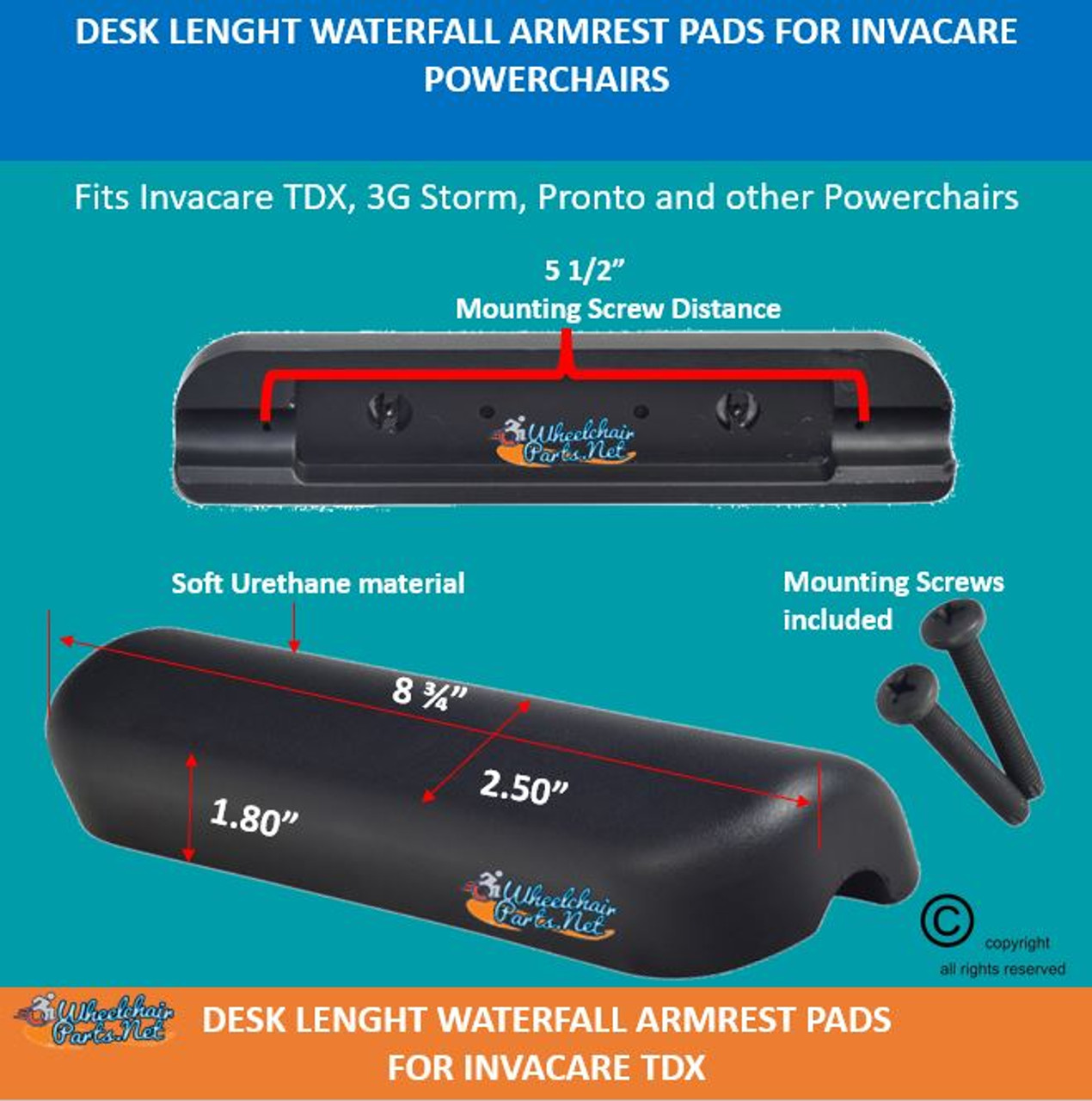 Desk Length (9") Waterfall Armrest Pad for Invacare TDX, 3G Storm and Others. Sold as each