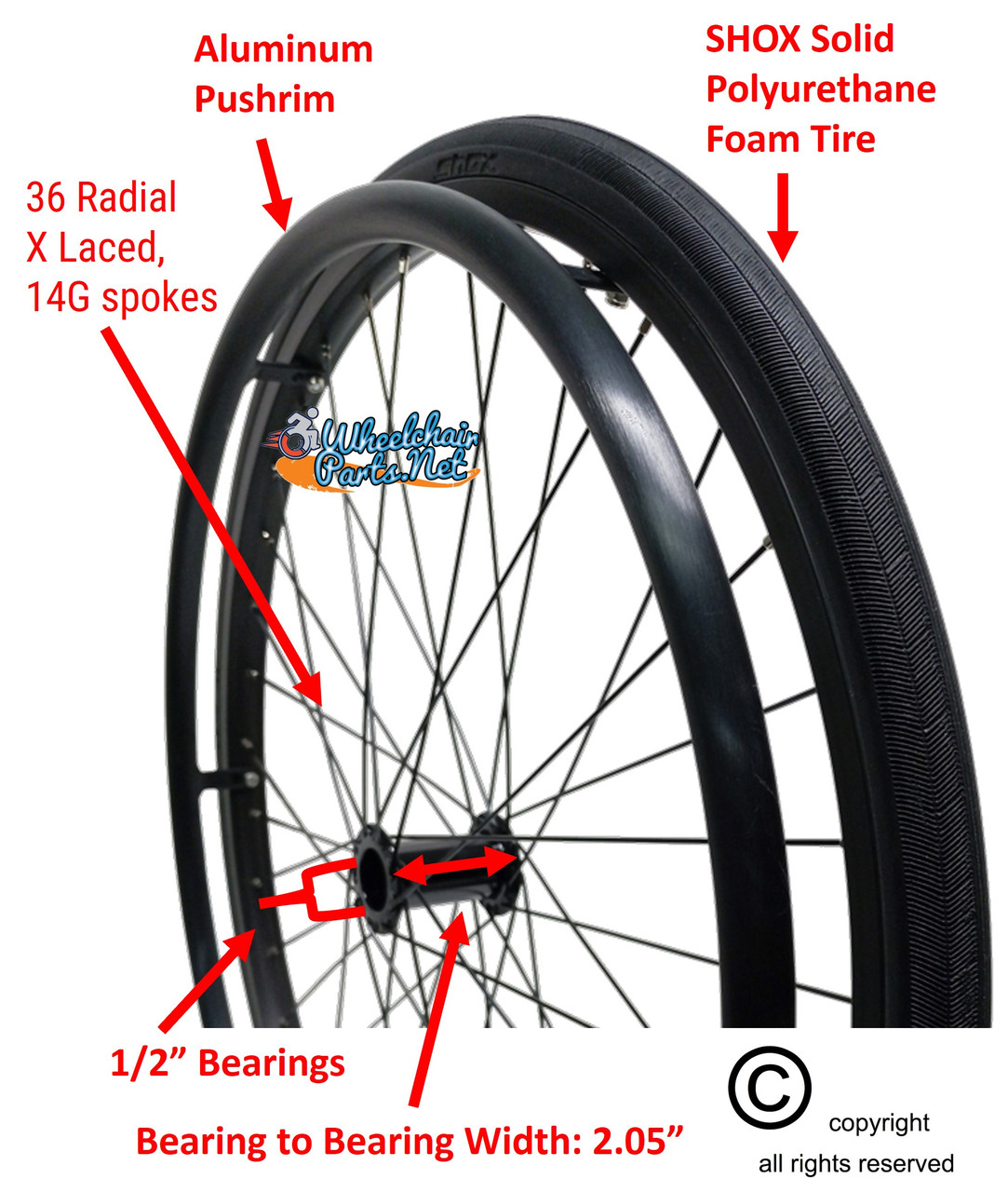 SET of 2,  24" (540mm) 36 Spoke Rim with SHOX Solid Tire in BLACK Color