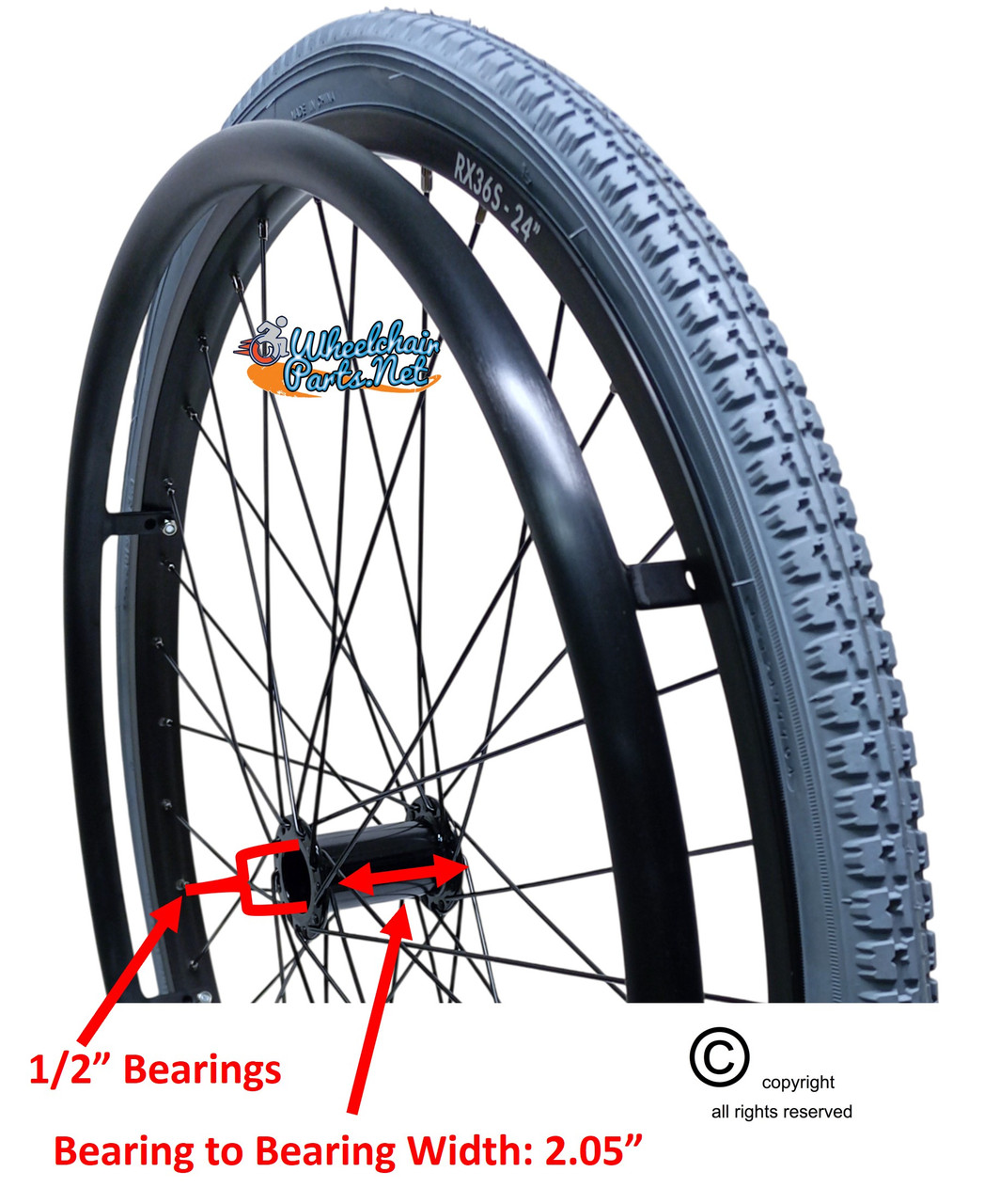 SET of 2,  24"x1 3/8" (540mm) PNEUMATIC ASSEMBLY, 36Spoke Rim TIRES & TUBES. PUSH RIMS