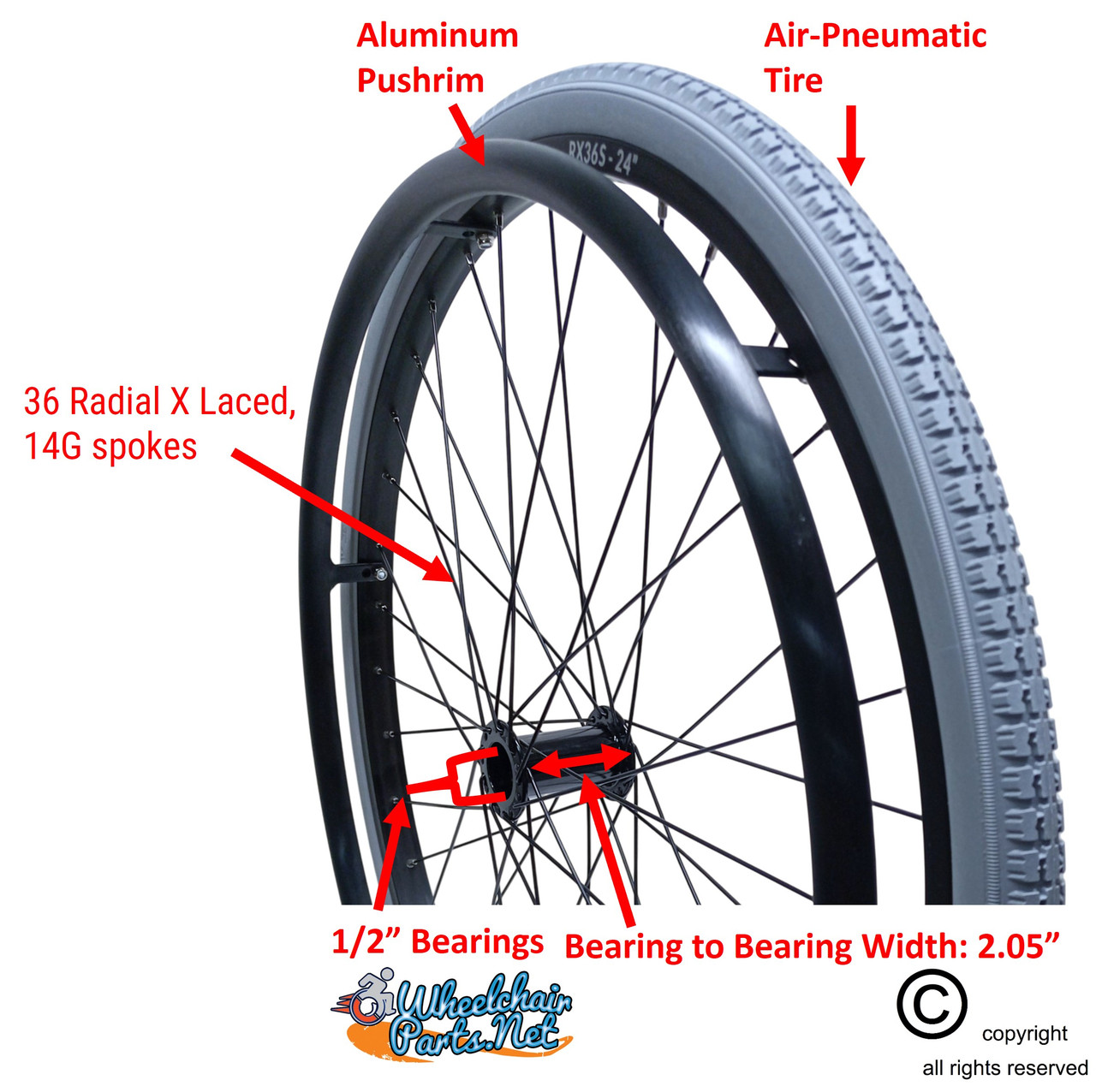 SET of 2,  24"x1 3/8" (540mm) PNEUMATIC ASSEMBLY, 36Spoke Rim TIRES & TUBES. PUSH RIMS