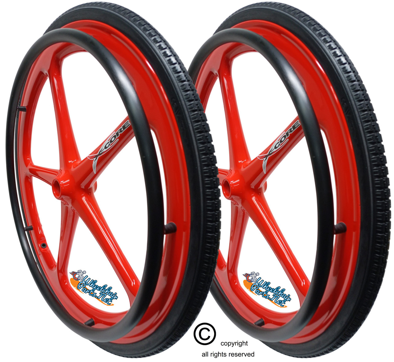 Set of 2 X-CORE Wheels 24" (540) RED Color With PRIMO STREET Tires & Push Rims