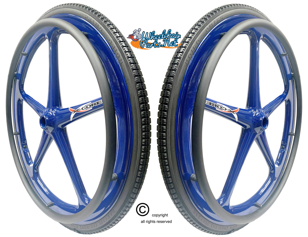 Set of 2 X-CORE Wheels 24" (540) BLUE Color With PRIMO STREET Tires & Push Rims