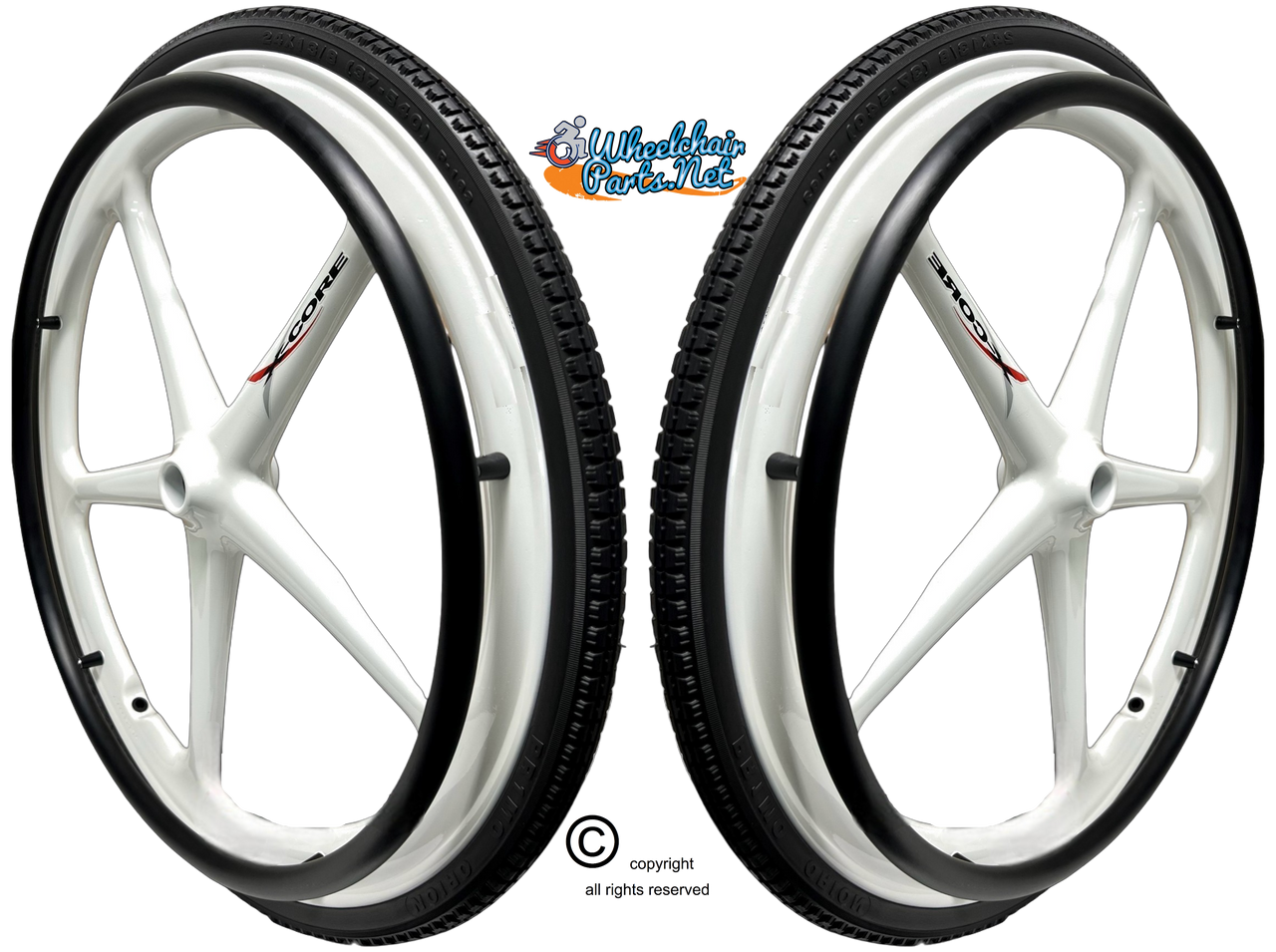 Set of 2 X-CORE Wheels 24" (540) WHITE Color With PRIMO STREET Tires & Push Rims