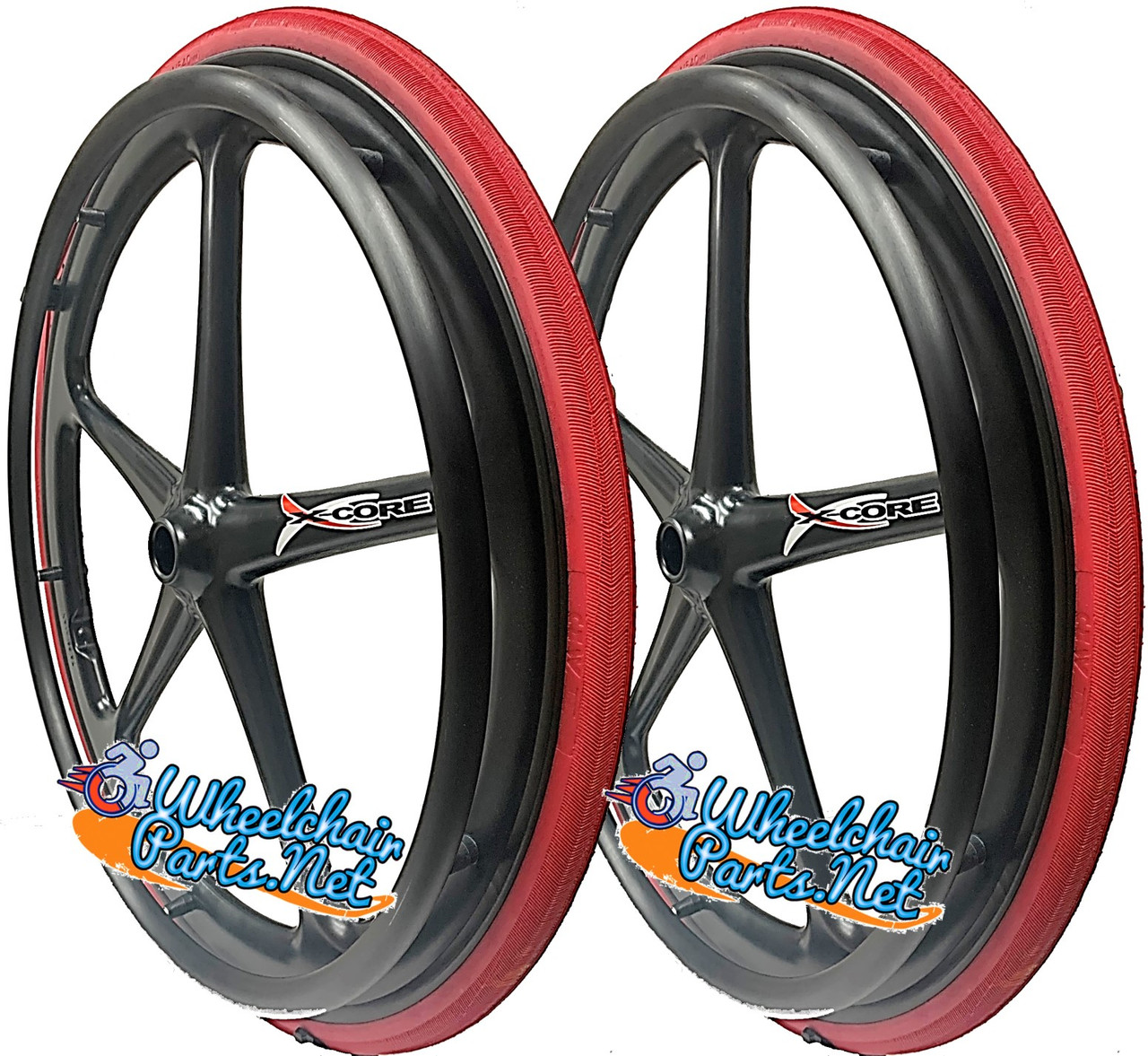 Set of 2 X-CORE Wheels 24" (540) BLACK Color With SHOX G1 SOLID Tires & Push Rims