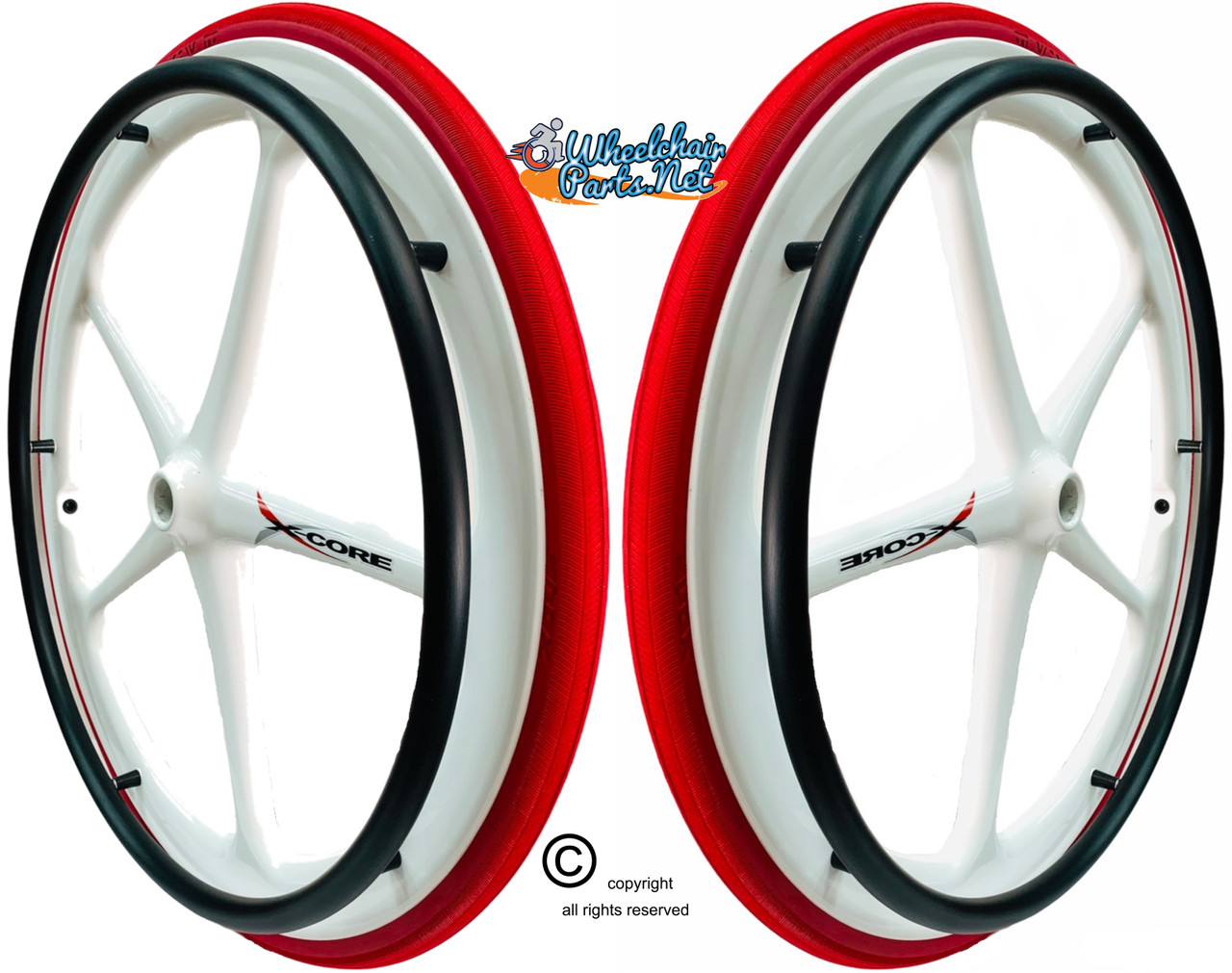 Set of 2 X-CORE Wheels 24" (540) WHITE Color & SHOX Tires in RED COLOR