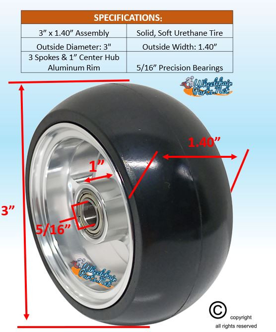 3" x 1.4" Caster Wheel With Aluminum Rim and 5/16" Bearings.