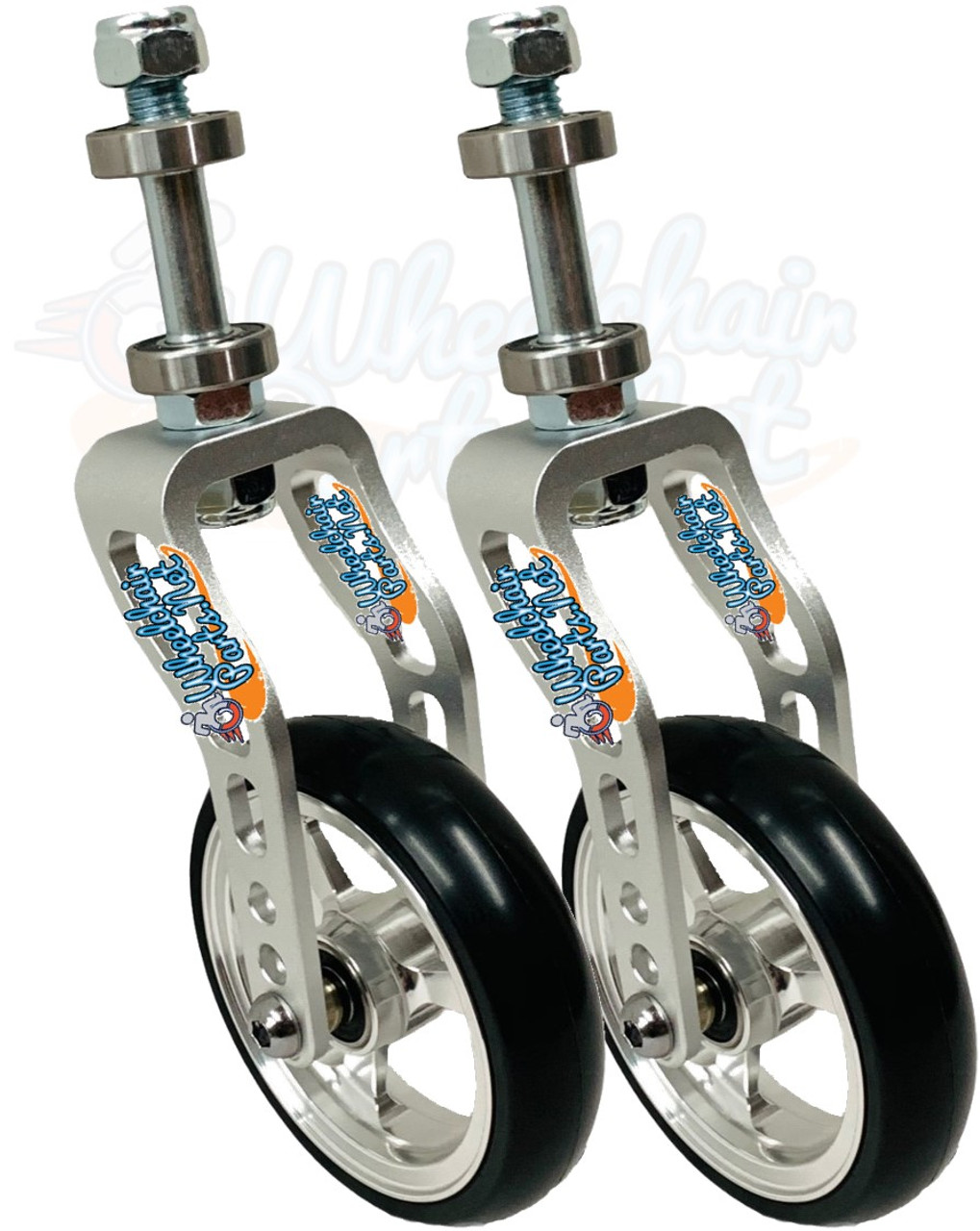 SILVER Aluminum Caster Fork Assembly With Wheels. Choose Your Wheel Size