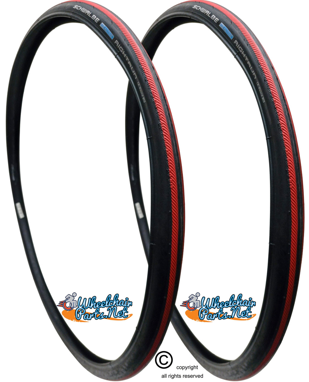 SCHWALBE RIGHTRUN 24" x 1" Black with Red tread. Pneumatic Tire. Sold as Pair.