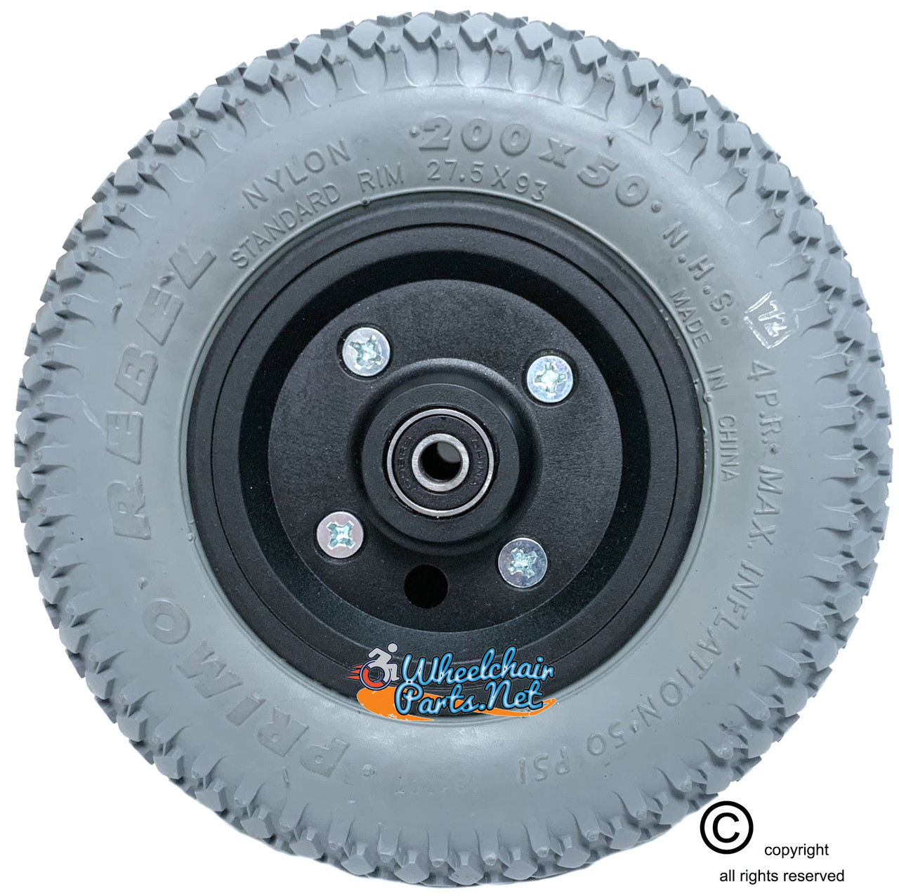 200x50 (8" X 2") Pneumatic Tire & Tube Wheel Assembly With 7/16" bearings.