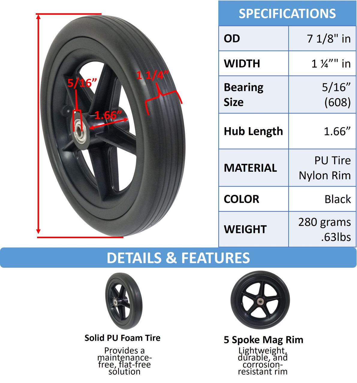 CWR714-5   7" X 1.25" Solid wheel with Bearings and Hub Width 1.6"