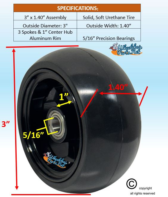 3" x 1.4" Caster Wheel With BLACK COLOR Aluminum Rim and 5/16" Bearings.