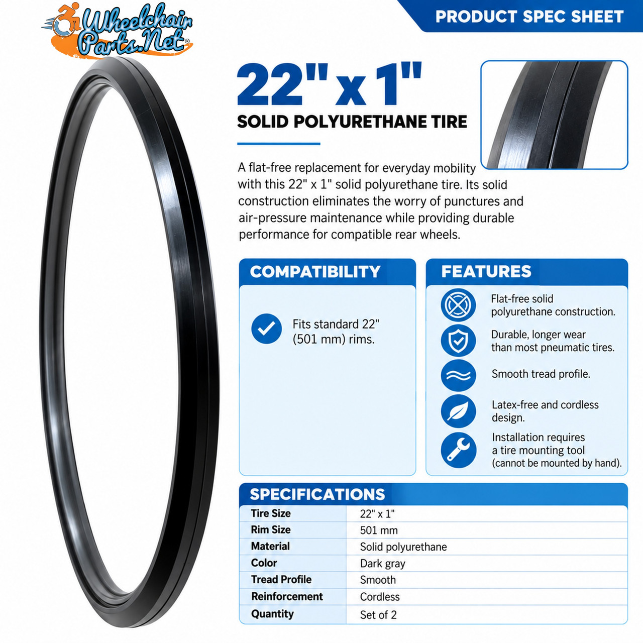 22" x 1" Cordless, Solid Polyurethane Tire | Set of 2