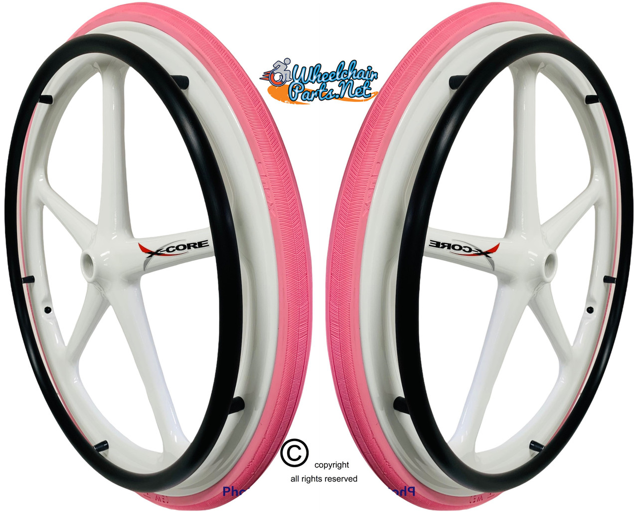 Set of 2 X-CORE Wheels 24" (540) WHITE Color & SHOX Tires in PINK COLOR