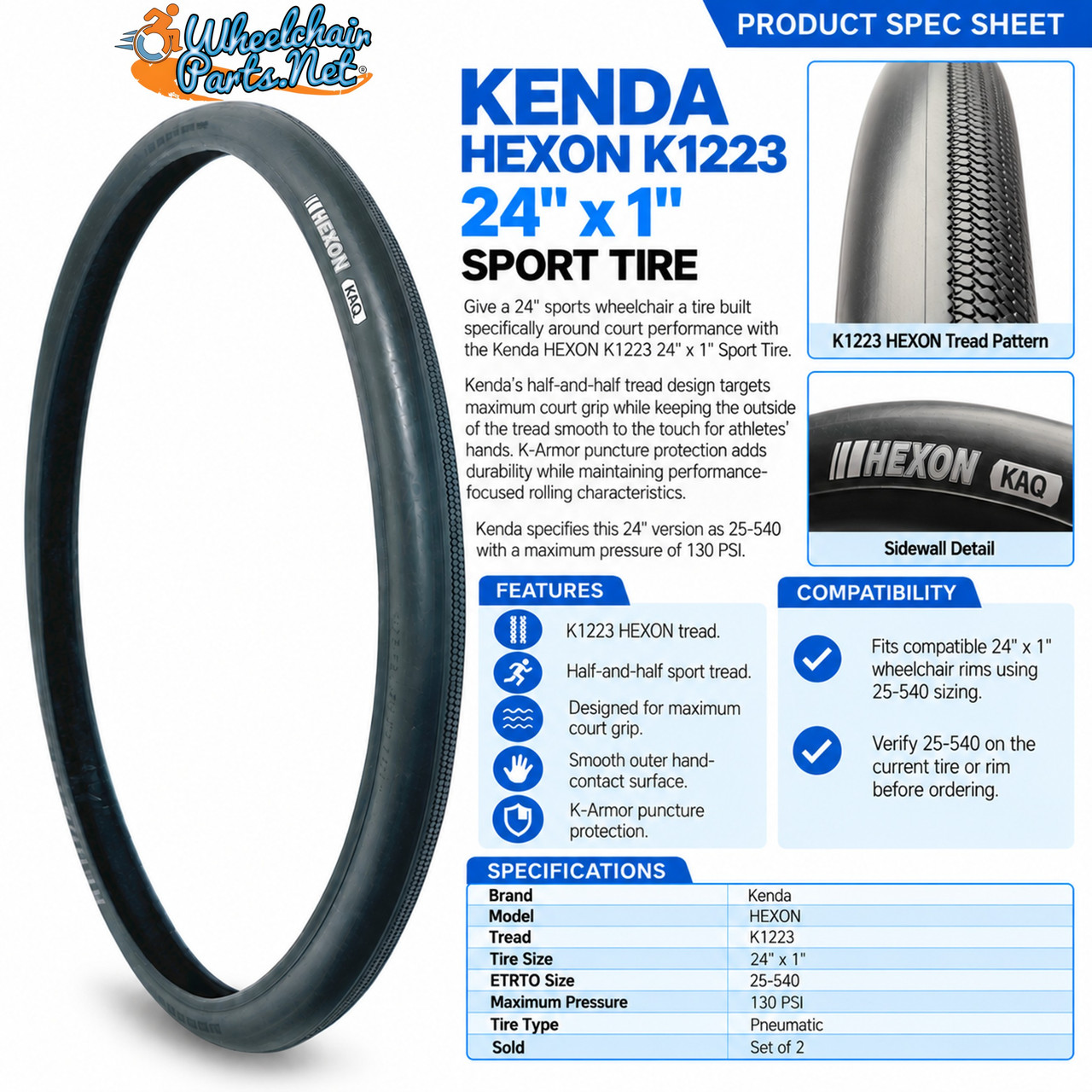 Kenda HEXON K1223 24" x 1" (25-540) Sport Tire | Set of 2