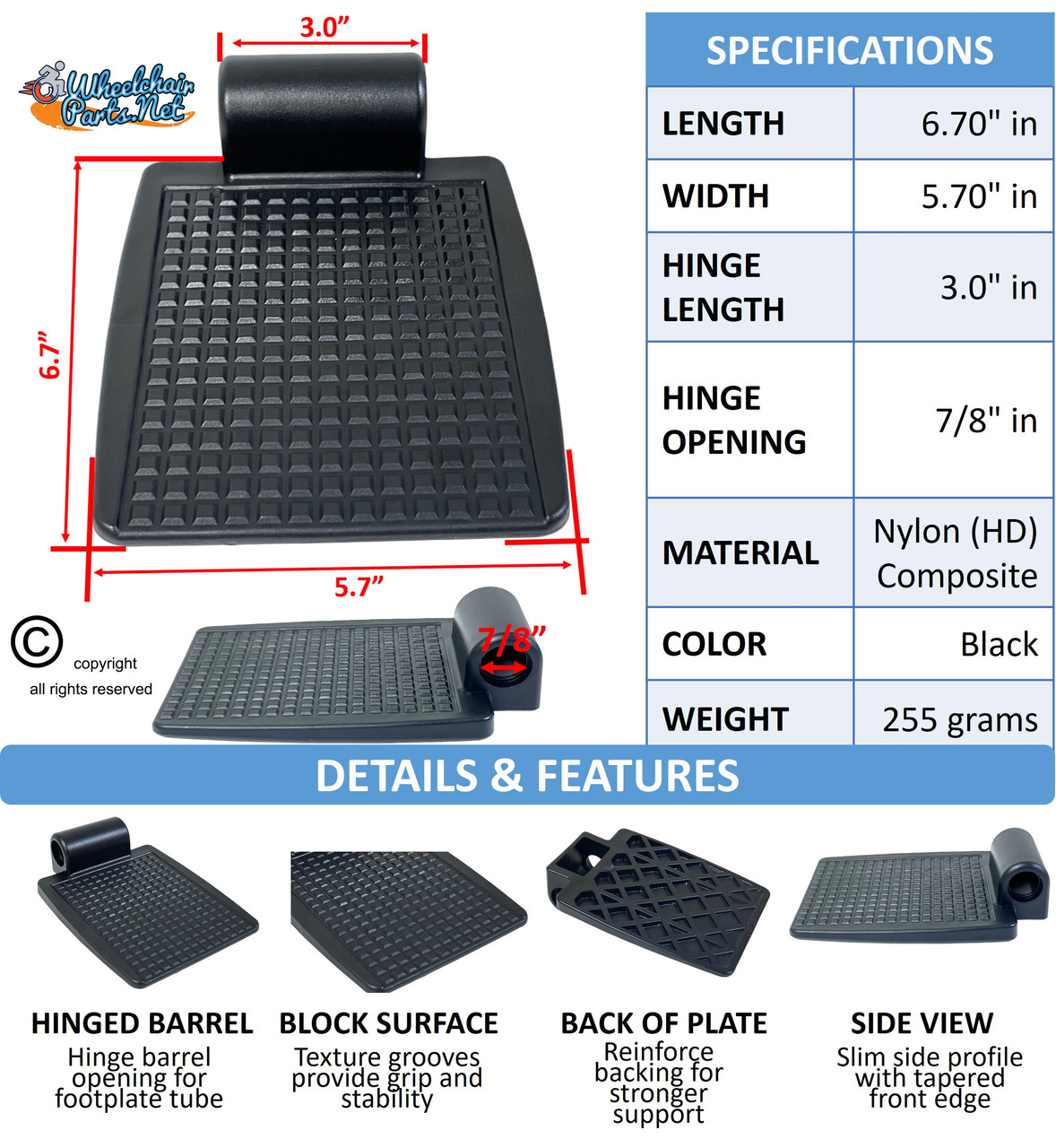 Heavy Duty Plastic Foot Plates for Wheelchairs with 7/8" Tubing . Fits on 18"-20" Wide Chairs