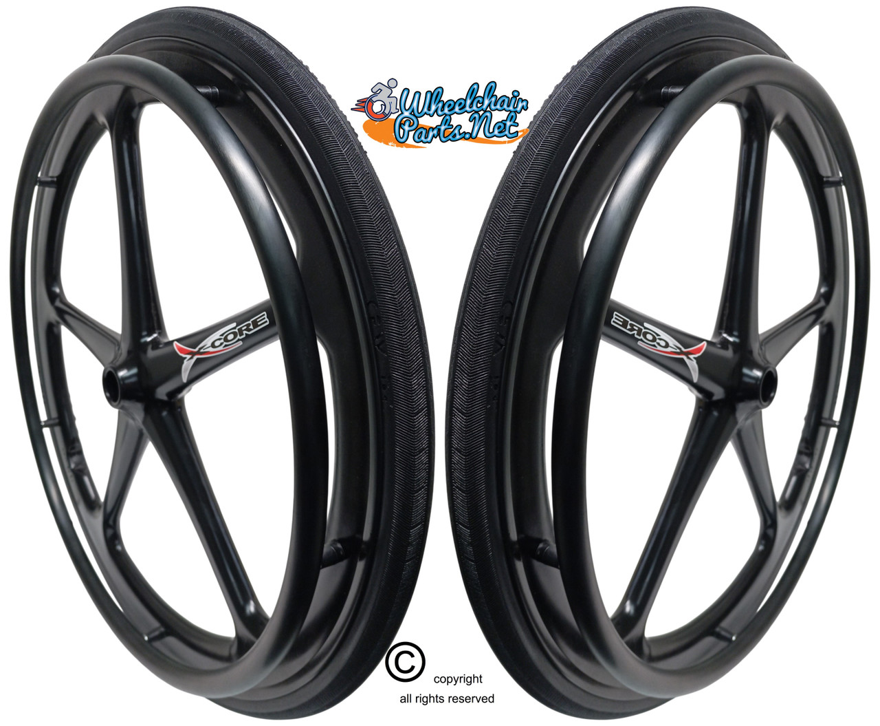 Set of 2 X-CORE Wheels 24" (540) BLACK Color With SOLID STREET2 Tires & Push Rims