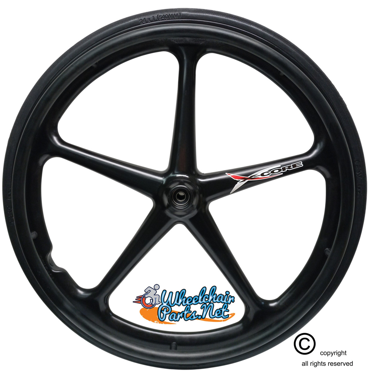 Set of 2 X-CORE Wheels 24" (540) BLACK Color With SOLID STREET2 Tires & Push Rims