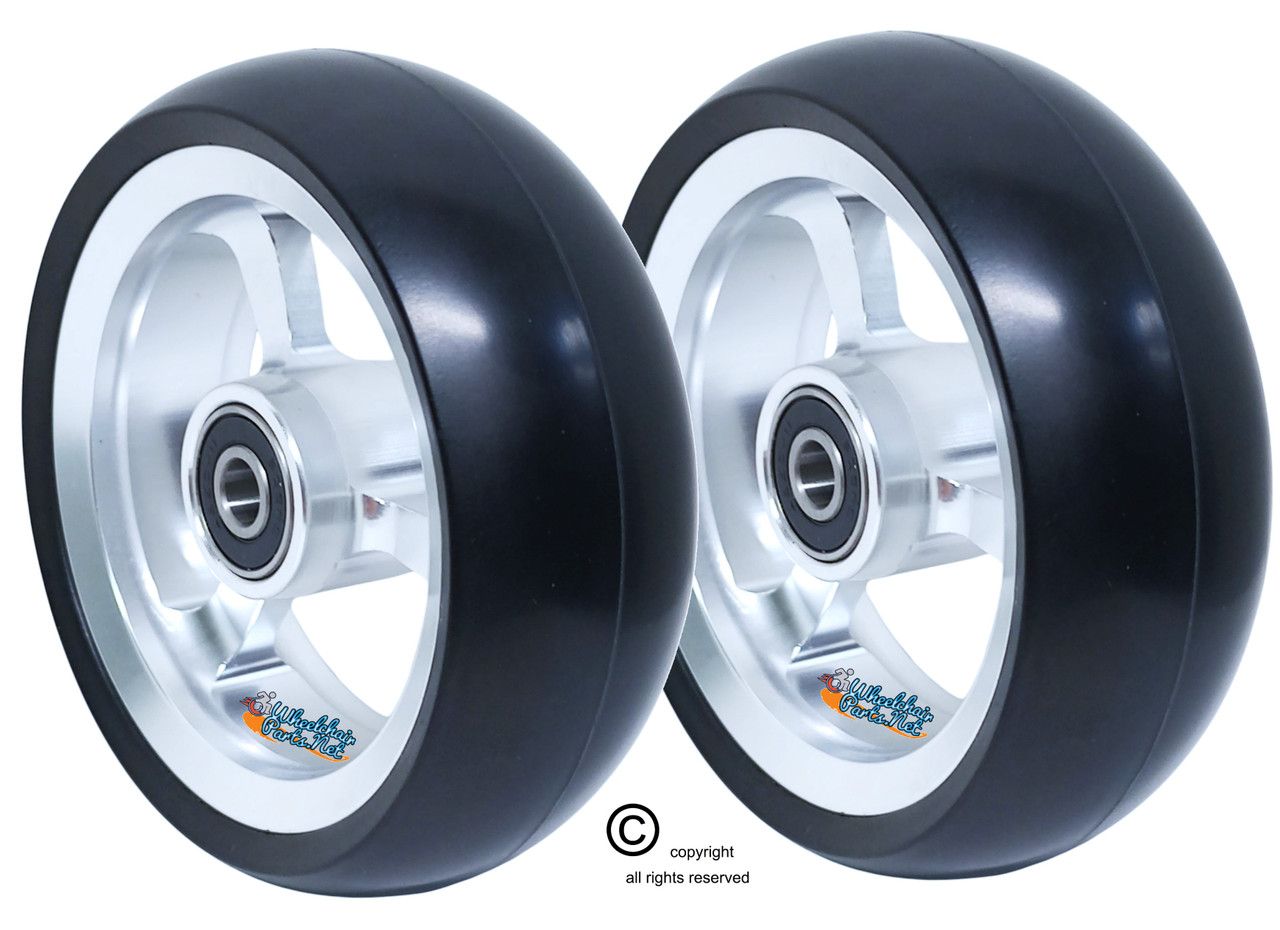 5" X 1.4" Aluminum 3 Spoke Wheel, Silver  Rim / Soft Urethane Tire with 5/16" bearings. 5" X 1.4" Aluminum 3 Spoke Wheel, Silver  Rim / Soft Urethane Tire with 5/16" bearings.