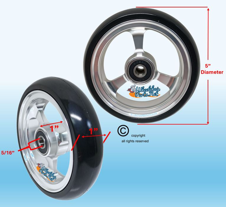5" X 1" Aluminum 3 Spoke Wheel, Silver Rim / Soft Urethane Tire with 5/16" bearings.