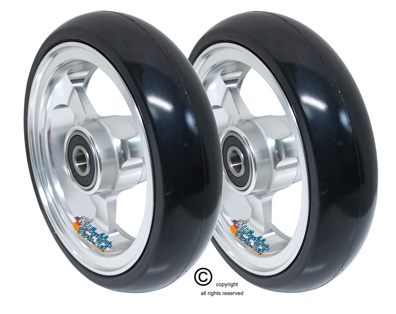 5" X 1" Aluminum 3 Spoke Wheel, Silver Rim / Soft Urethane Tire with 5/16" bearings.