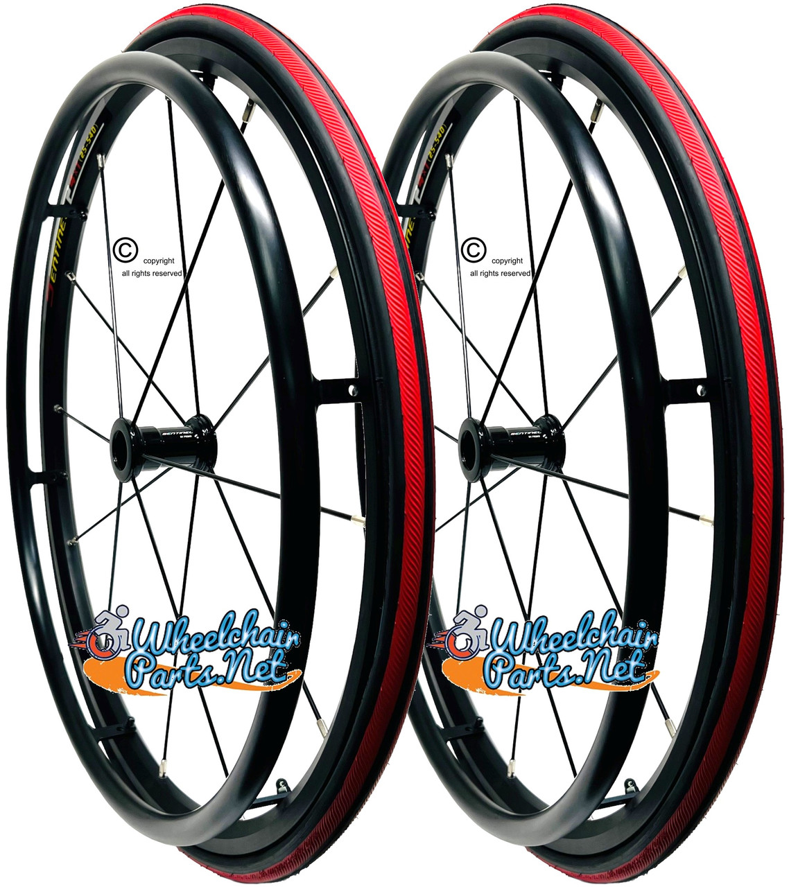 24" x 1" Sentinel 12 Spoke Wheel With Schwalbe Rightrun RED Tires. SOLD AS PAIR