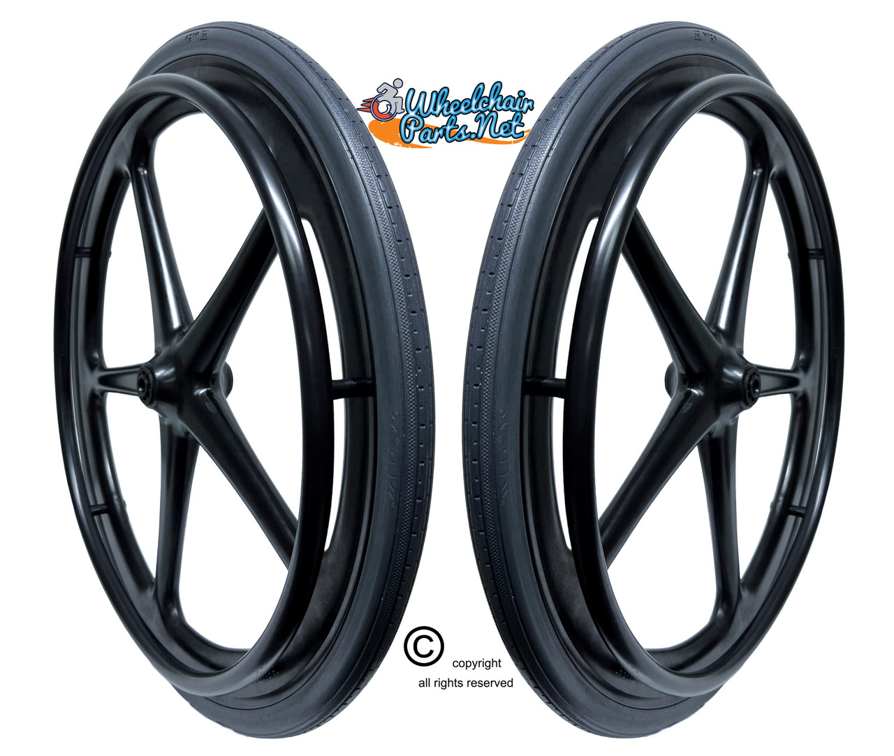 Set of 2  24 x 1 3/8" (25-540) Wheelcair Wheels With Plastic Handrim & 1/2" Plastic Bushing
