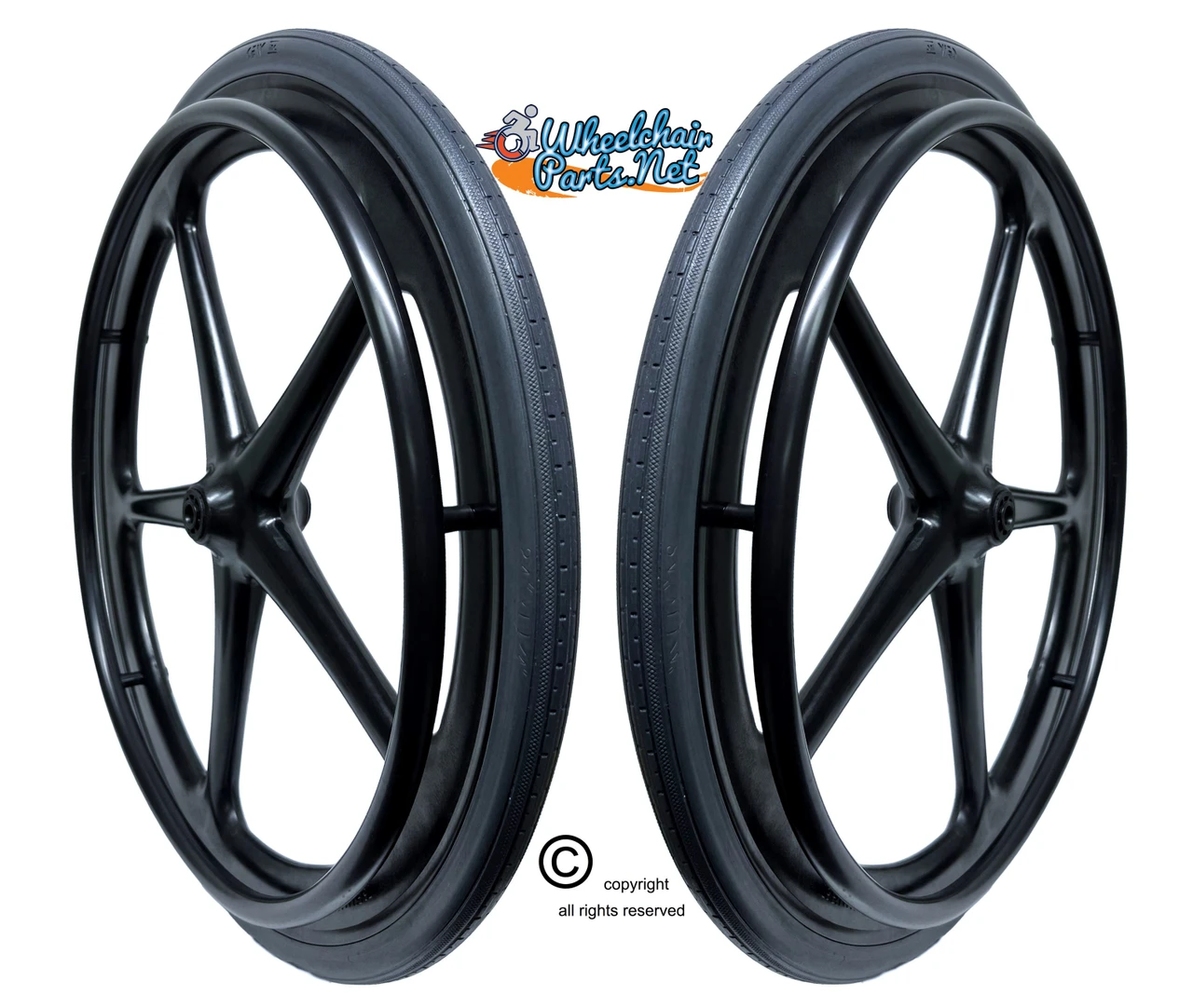 X-CORE 24" (540 mm) 5-Spoke Aquatic Wheel With Solid Tires, Nylon Pushrims and 1/2" Bushings | Set of 2
