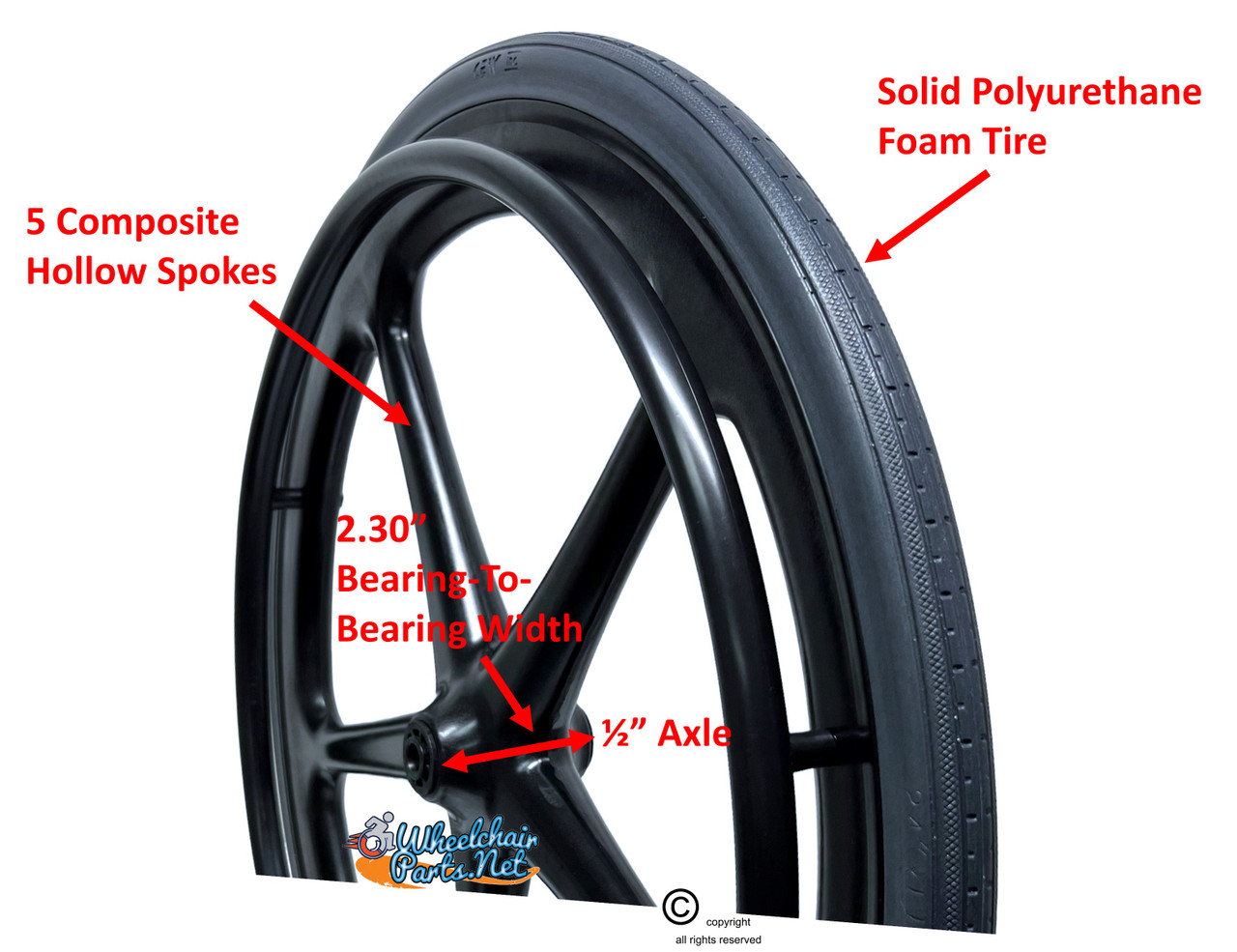 Set of 2  24 x 1 3/8" (25-540) Wheelcair Wheels With Plastic Handrim & 1/2" Plastic Bushing