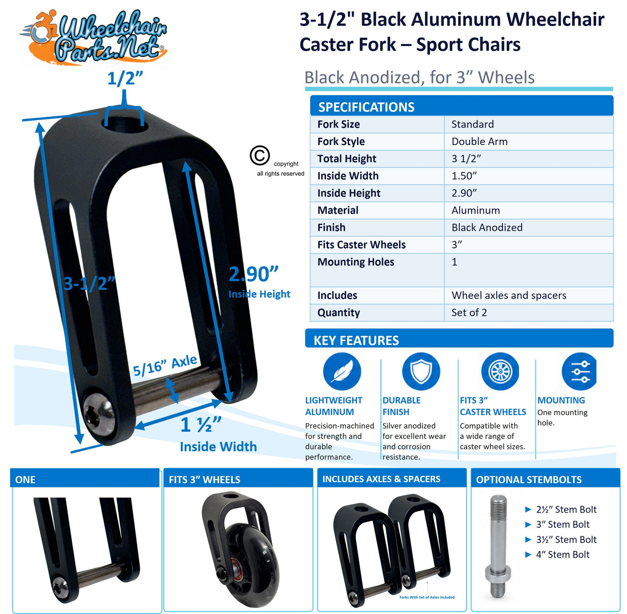 4" Black Aluminum Caster Fork | Set of 2