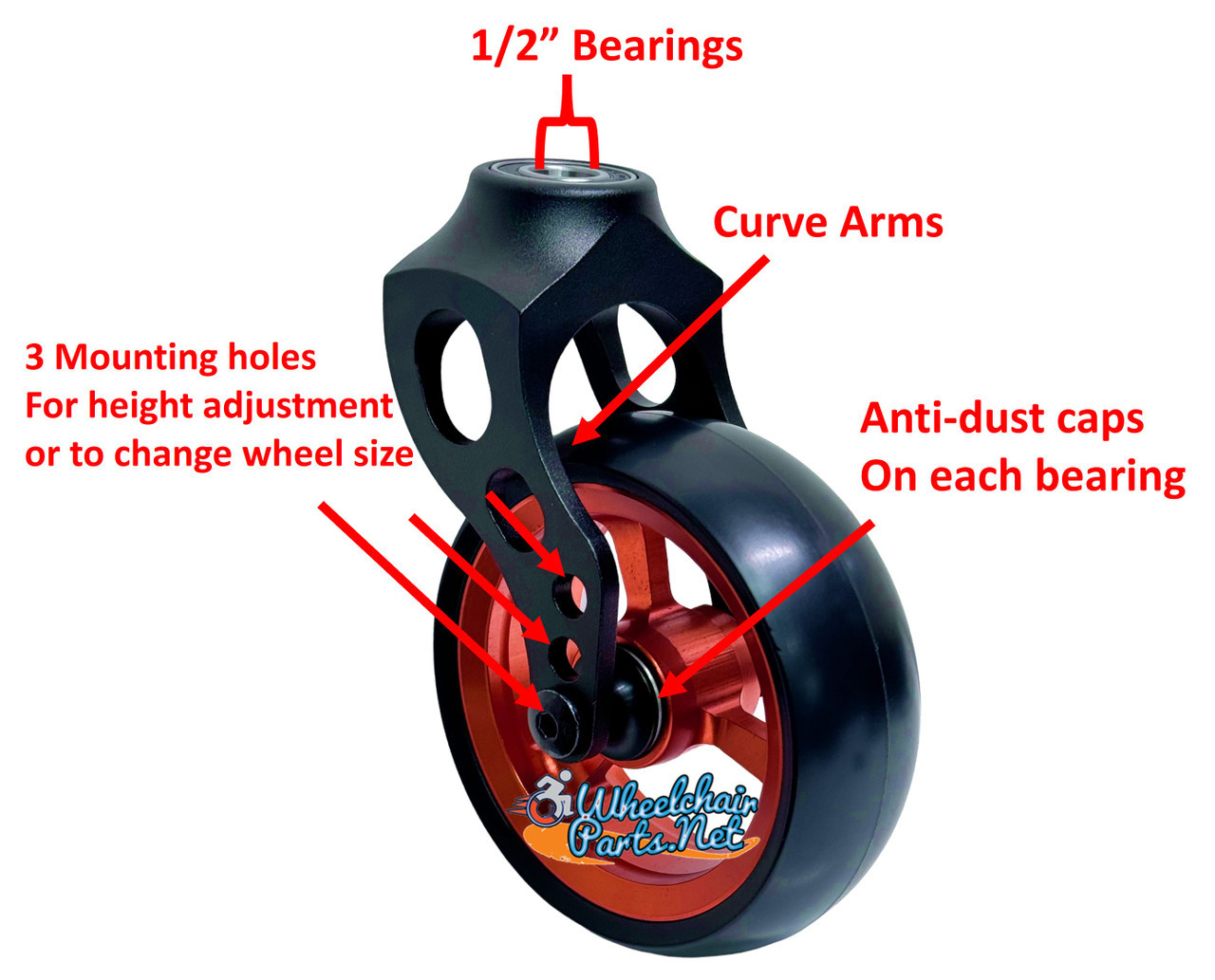 Aluminum Caster Fork Assembly With 5x1.40 Soft Roll Caster-Orange Rim