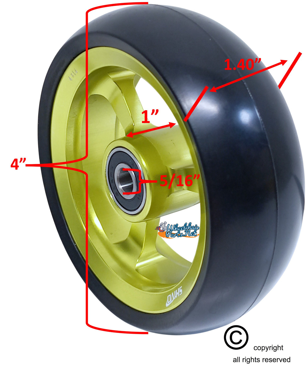 SHIVOSPYN 4" X 1.4" Aluminum 3 Spoke Wheel, Olive Green Rim, Soft Urethane Tire with 5/16" bearings.