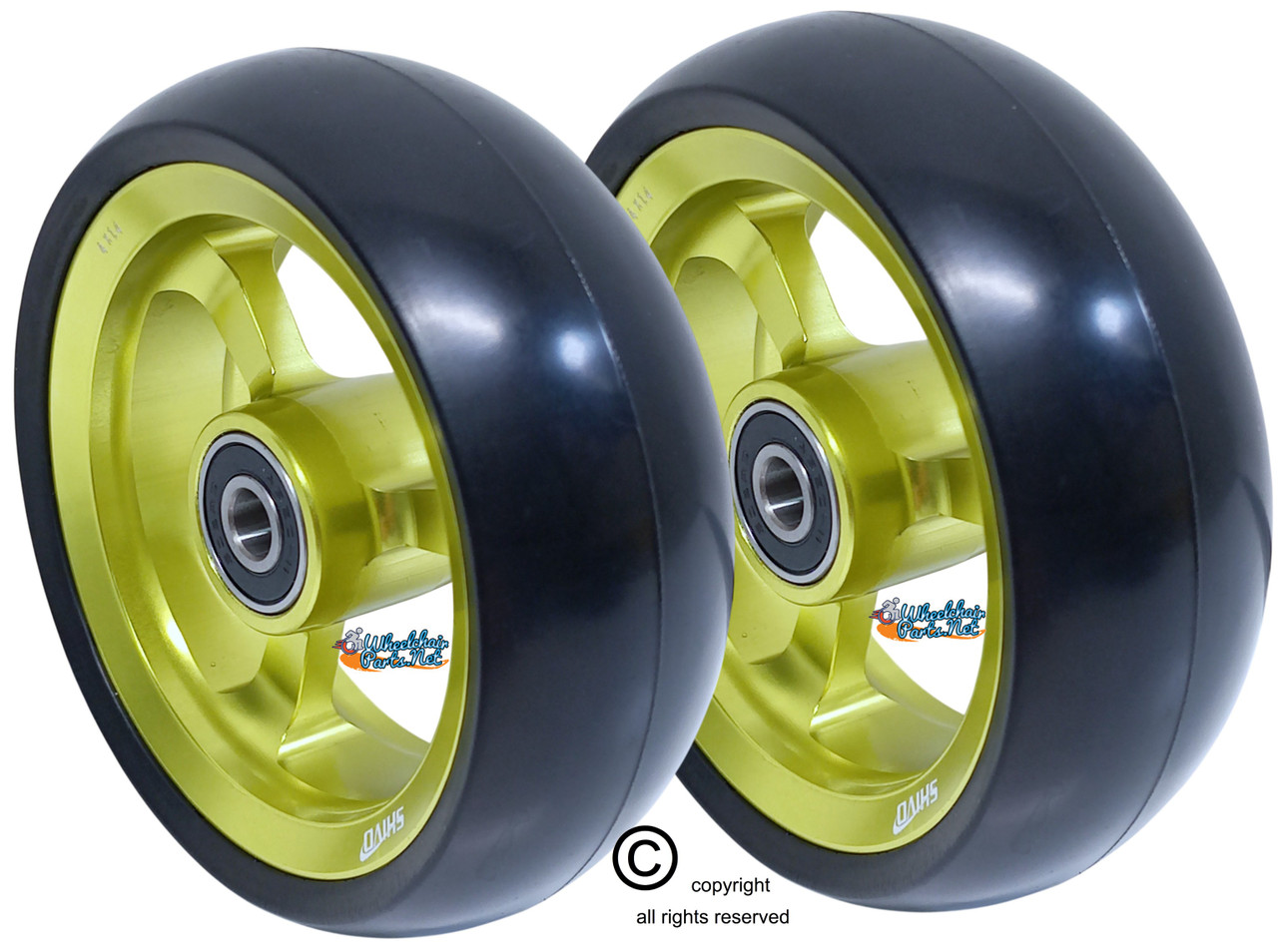 SHIVOSPYN 4" X 1.4" Aluminum 3 Spoke Wheel, Olive Green Rim, Soft Urethane Tire with 5/16" bearings.