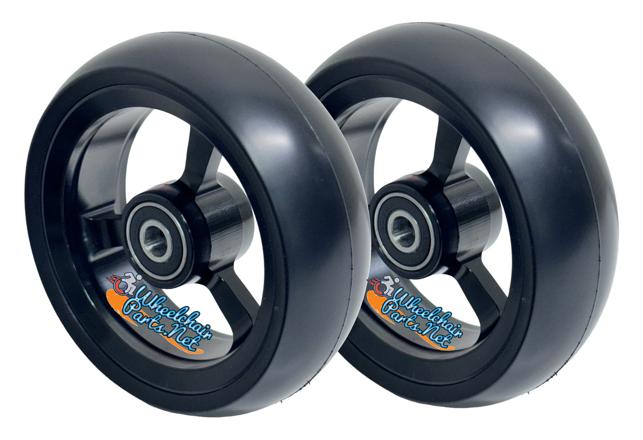 4" X 1.4" Aluminum 3 Spoke Wheel, Black Rim, Soft Urethane Tire with 5/16" bearings.