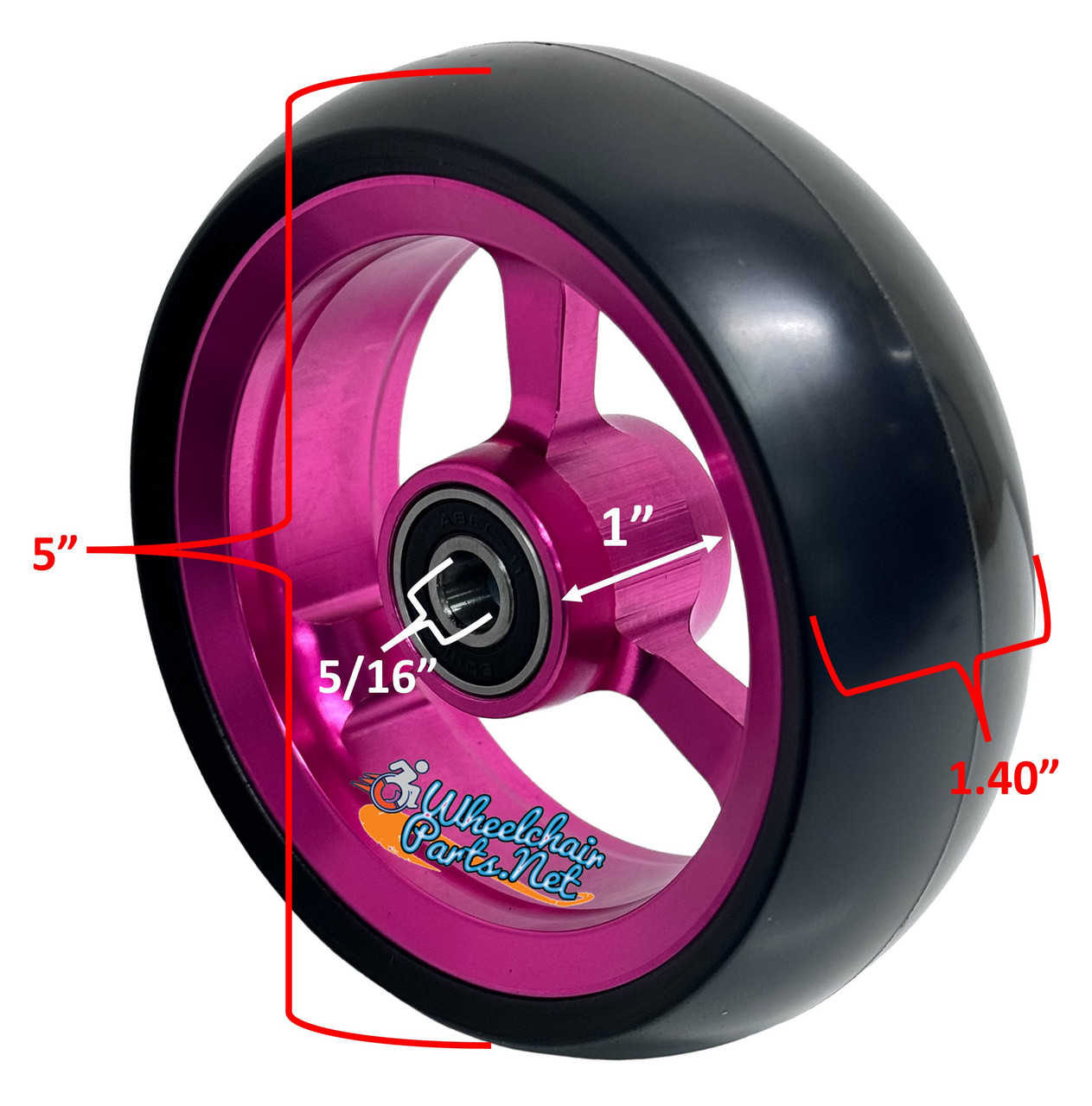 5" X 1.4" Aluminum 3 Spoke Wheel, Pink Rim / Soft Urethane Tire with 5/16" bearings.