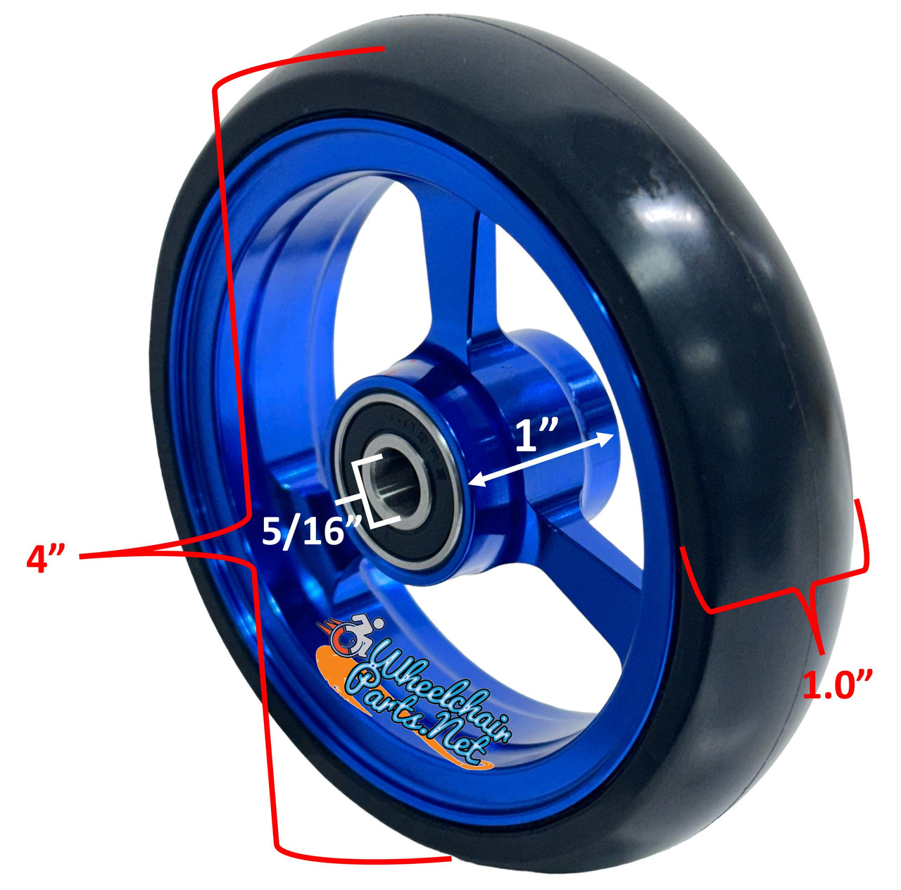 4" X 1" Aluminum 3 Spoke Wheel, Blue Rim / Soft Urethane Tire with 5/16" bearings.