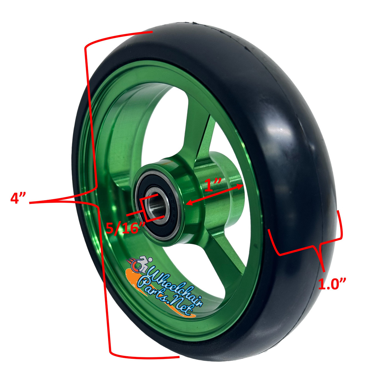 4" X 1" Aluminum 3 Spoke Wheel, Green Rim / Soft Urethane Tire with 5/16" bearings.