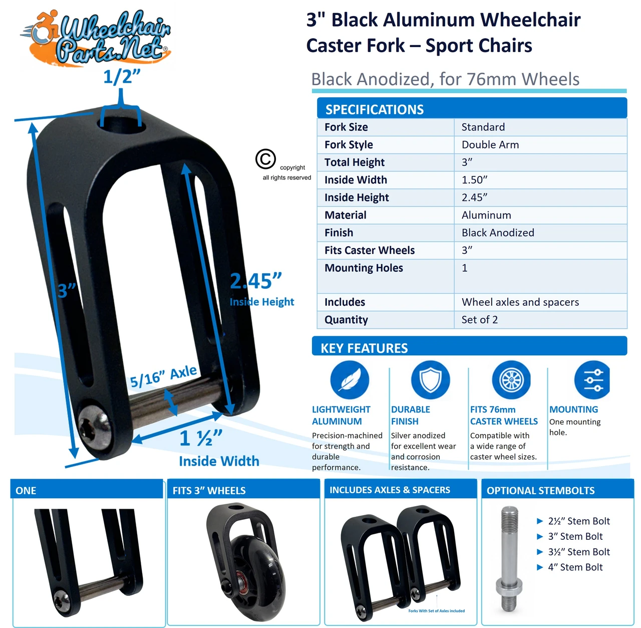 3" Black Aluminum Caster Fork | Set of 2
