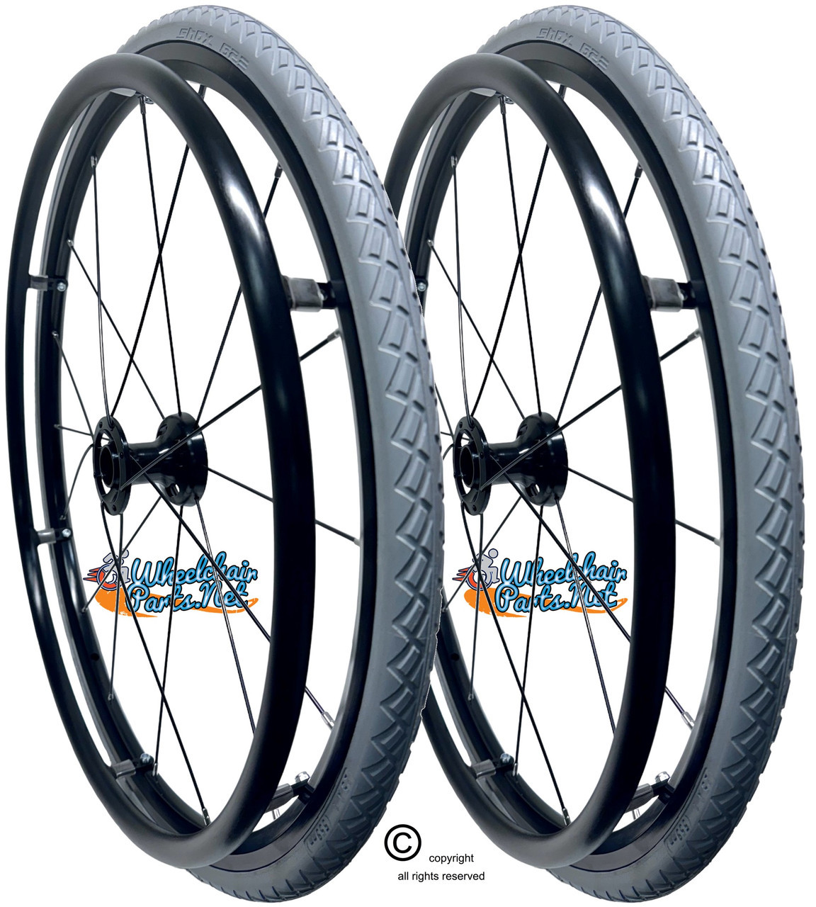 25" x 1"  (559) Swan® 16 Spoke Wheelchair Wheel With Shox G2 Grey, All Terrain Solid Tire- Set of 2