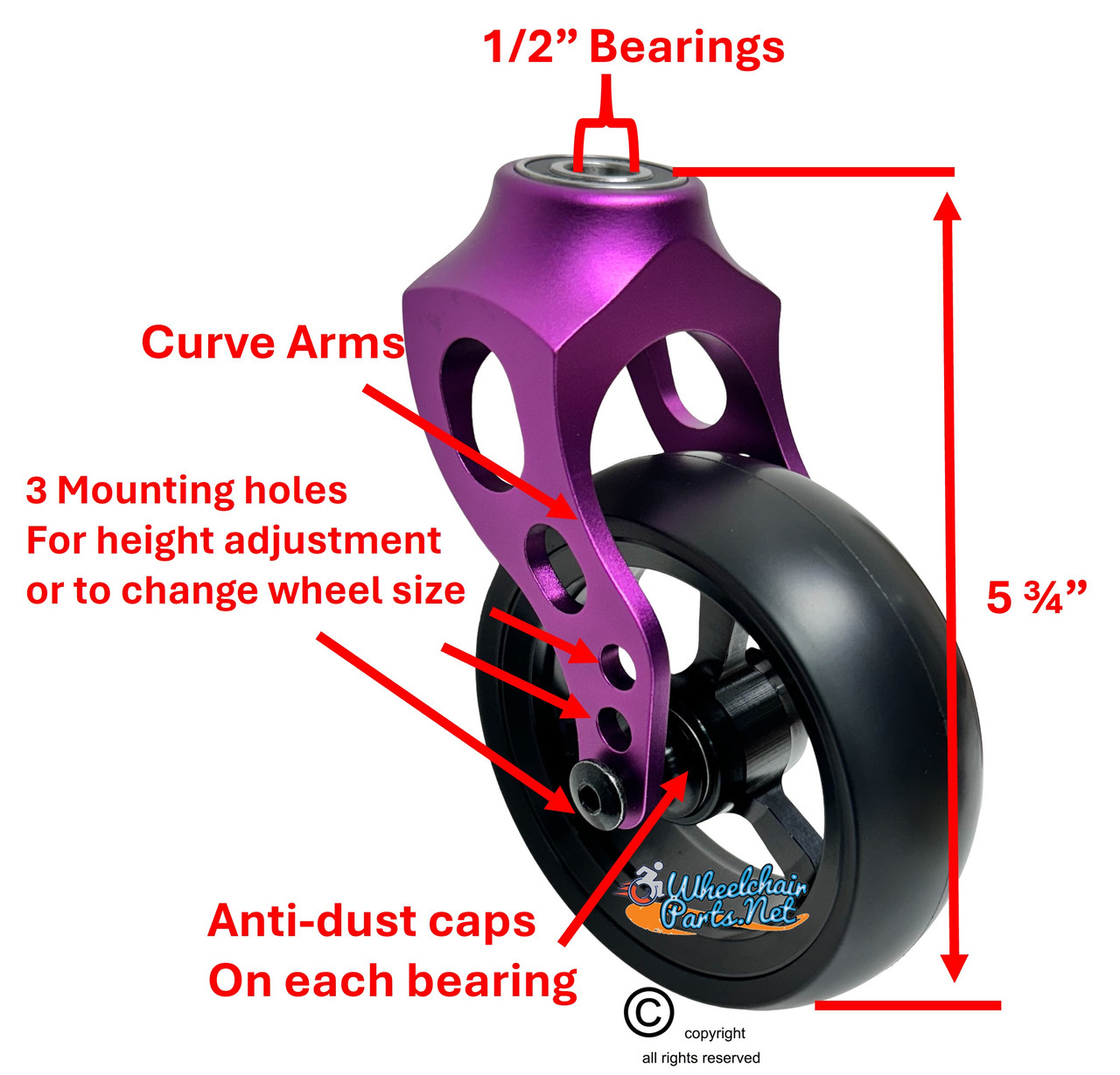 Purple Aluminum Caster Fork Assembly With 4x1.40 Soft Roll Wheels in Black Color