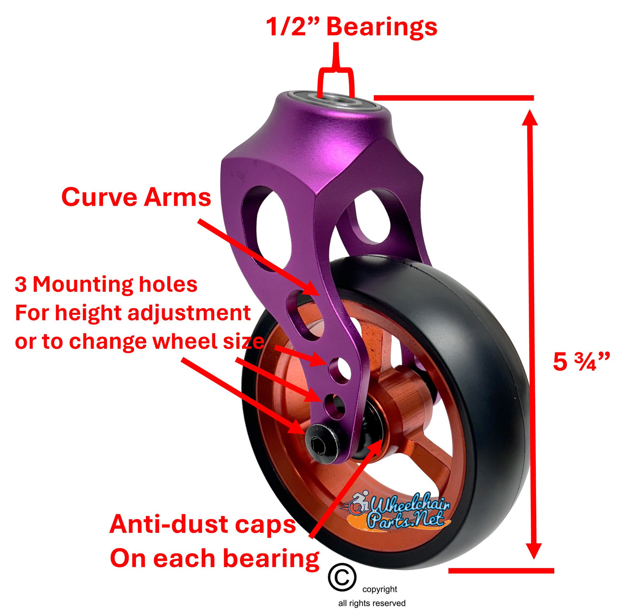 Purple Aluminum Caster Fork Assembly With 4x1.40 Soft Roll Wheels in Orange Color