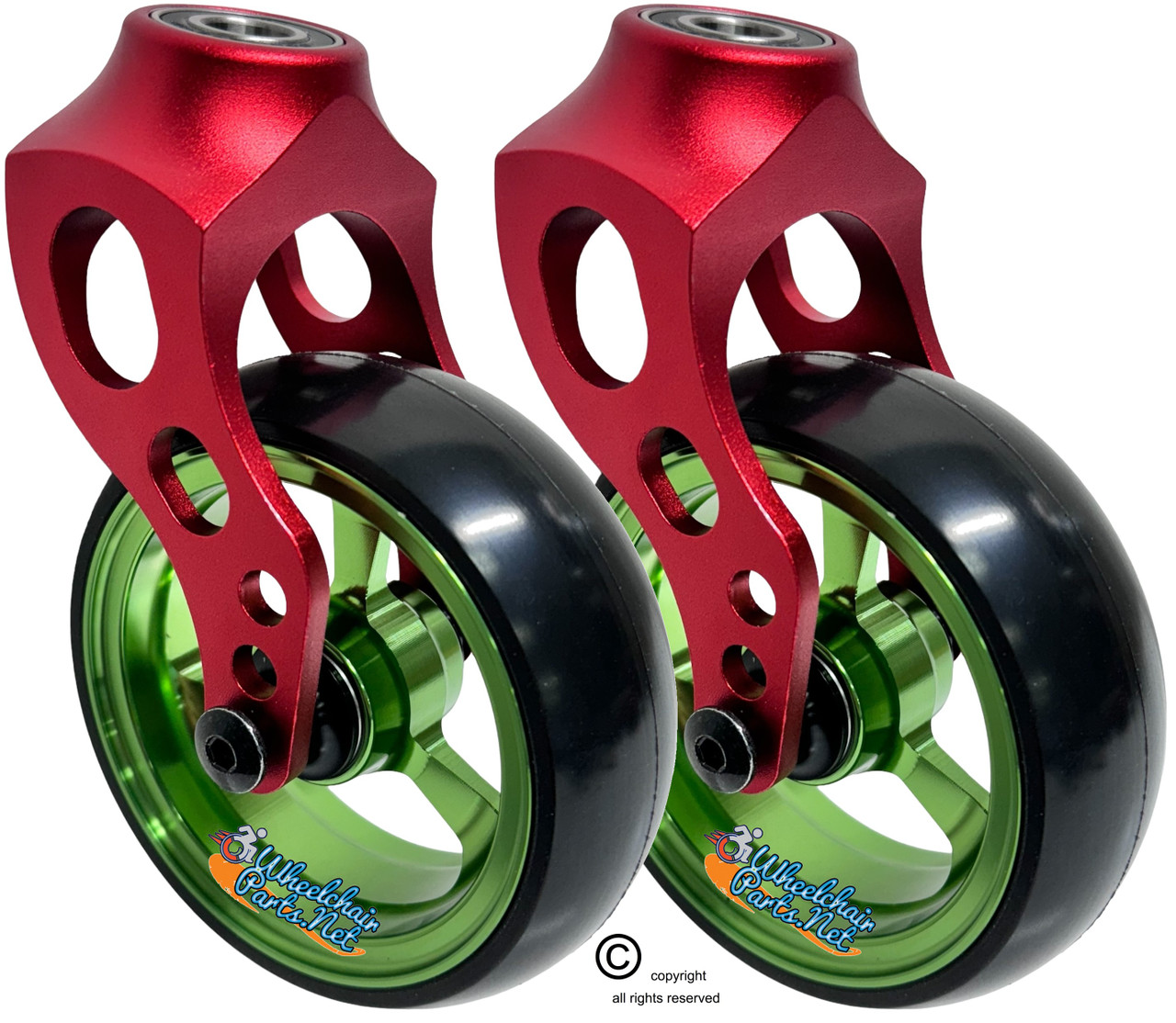 Red Aluminum Caster Fork Assembly With 4x1.40 Soft Roll Wheels in Green Color