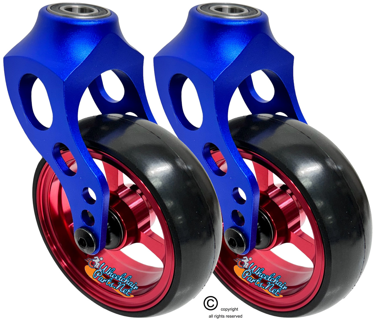 Blue Aluminum Caster Fork Assembly With 4x1.40 Soft Roll Wheels in Red Color